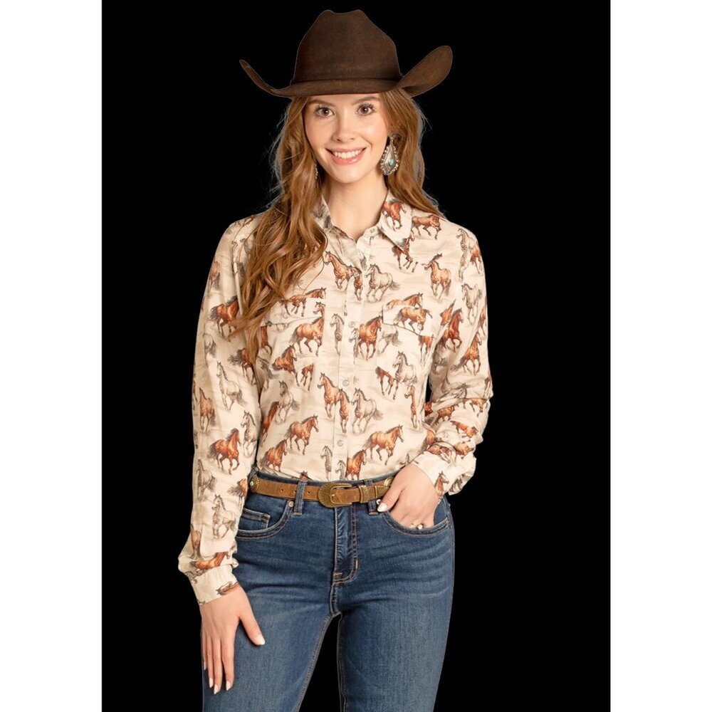 Panhandle Slim Women's Long Sleeve Horse Print Snap Shirt Beige